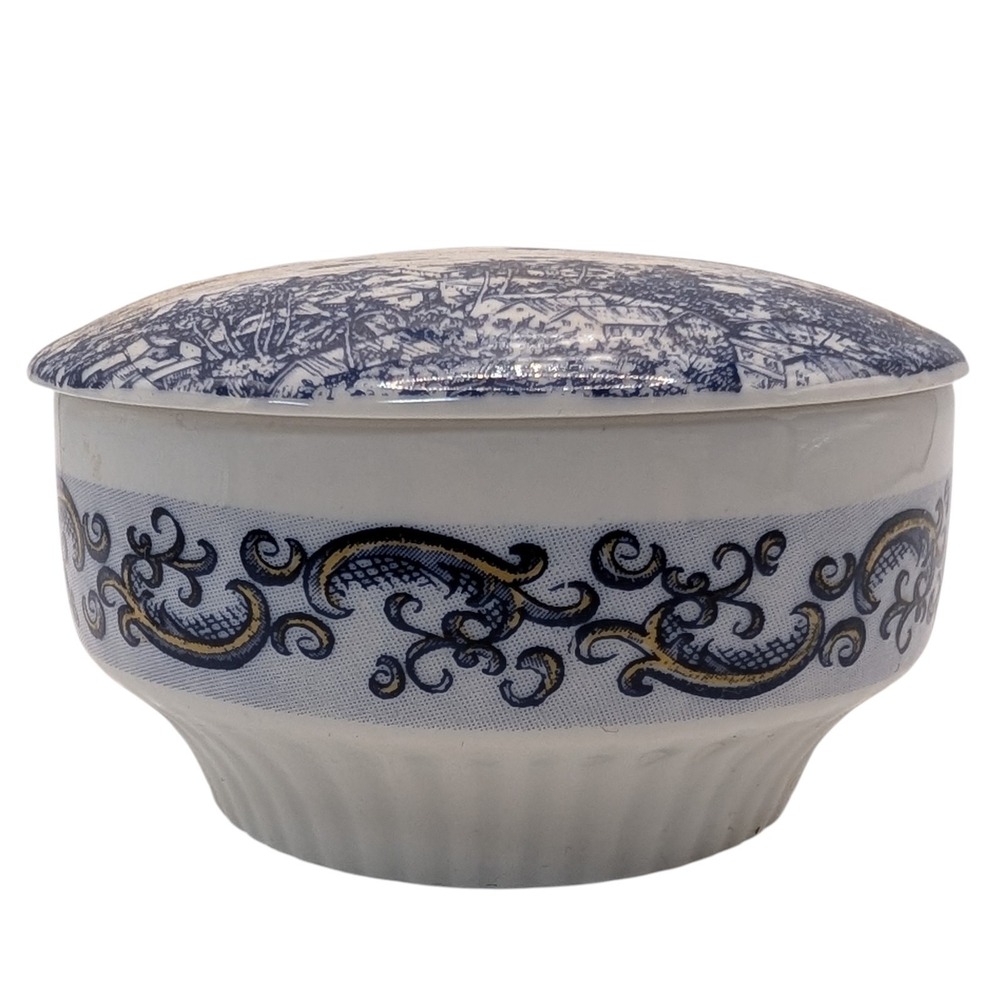 Vintage Altenkunstadt Trinket Box Granada Blue and White Ships and Scrolls Round